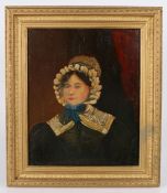 British School (19th century) Naive portrait of a lady in bonnet, oil on board, 34cm x 27.5cm