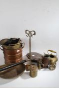 Collection of various metalware, to include a copper warming pan, two coal scuttle, brass kettle
