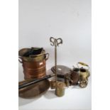 Collection of various metalware, to include a copper warming pan, two coal scuttle, brass kettle