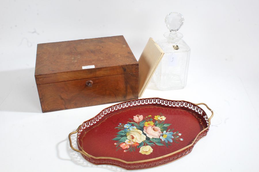 Toleware style tray, painted with flowers on a red ground, together with a Royal Wedding limited