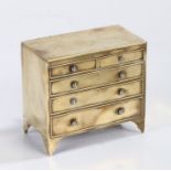 19th Century brass novelty money box, in the form of a chest of drawers with the top two drawers