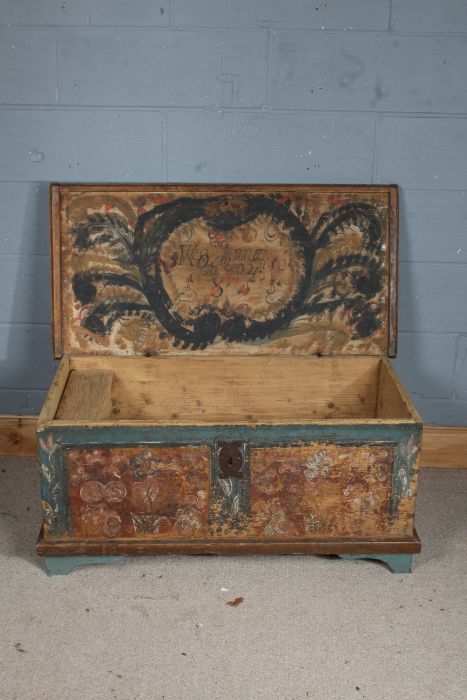19th century part painted pine chest, the front and sides painted with flowers, the hinged lid