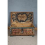 19th century part painted pine chest, the front and sides painted with flowers, the hinged lid