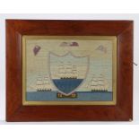 Victorian woolwork picture, of a three mast ship in a shield flanked by two further ships and the