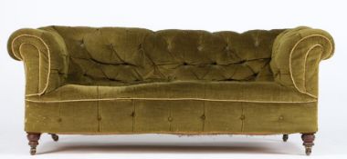 Victorian Chesterfield settee, upholstered in a green velvet type material with button back and rope