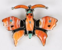 Sterling silver and enamel butterfly brooch, with polychrome enamel wings and body, monogrammed JF