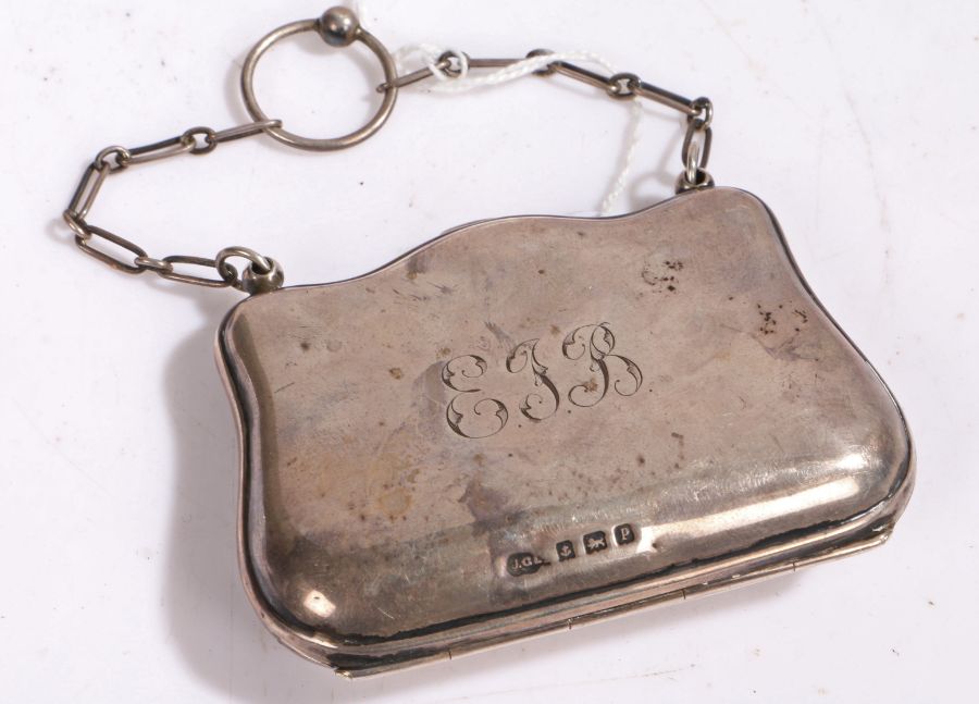 George V silver purse, Birmingham 1914, maker Joseph Gloster Ltd. with brown leather interior, total