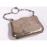George V silver purse, Birmingham 1914, maker Joseph Gloster Ltd. with brown leather interior, total