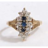 9 carat gold sapphire and paste ring, the head set with a row of three claw mounted round cut