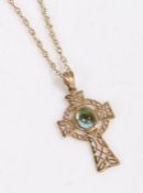 9 carat gold chain link necklace together with a pendant in the form of a cross set with a light