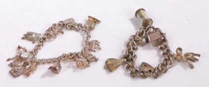 Two silver and white metal charm bracelets, charms to include rolled One Pound note, animals, boat