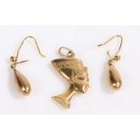 Pair of 9 carat gold earrings together with a yellow metal pendant in the form of Egyptian marks