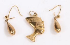 Pair of 9 carat gold earrings together with a yellow metal pendant in the form of Egyptian marks