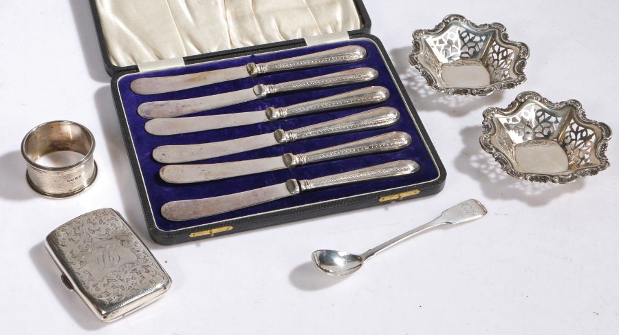 Silver, various dates and makers, to include cigarette case, napkin ring, pair of Bon Bon dishes,