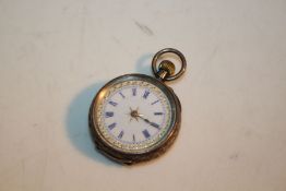 Continental silver ladies open face pocket watch, the white dial with blue Roman numerals and