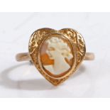 9 carat gold cameo ring, the head set with a cameo of a classical lady set on a heart, ring size M