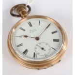Gold plated Prescot pocket watch, the white dial with Roman numerals and a subsidiary seconds dial