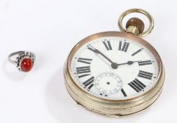 Metal pocket watch with a white face and roman numerals and a subsidiary style seconds face, 64.5mm,