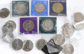 Collection of coins to include Elizabeth II silver wedding crown, 1980 Moscow Olympics coin, various