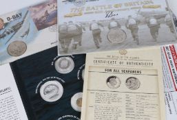 WWII related coins and stamp covers, to include The Battle of the Atlantic 1939-1945 coin set