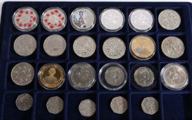 Collection of 15 commemorative crowns and £5 coins, two Australian 50 cent coins, five 50p coins (