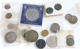 Coins to include George V and Elizabeth II half crowns, three shilling bank token 1814 etc. (qty)