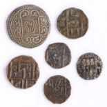 Tibet, Tangka coin, together with, Copper Bhutan Rupees and another coin, (6)