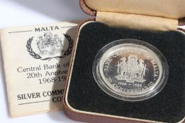 Central Bank of Malta 20th Anniversary 1968-1988 Silver Commemorative coin Lm 5. Diameter 38.61mm.