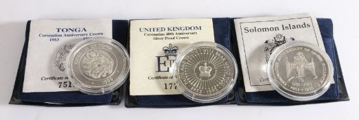 Two Royal Mint silver crowns, Coronation 40th Anniversary 1993, Tonga Coronation Anniversary Crown