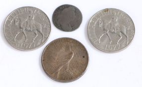 1926 USA silver dollar, two 1977 crowns, and a William III silver shilling (4)