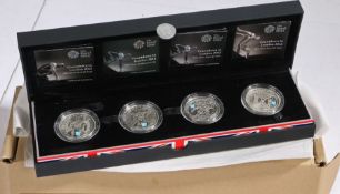 The Royal Mint Countdown to 2012 silver proof £5 coins, two dated 2009, one 2010 and one 2012,