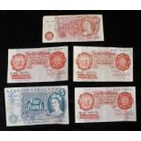 Great Britain, four Bank of England ten shilling notes, and a five pound note (5)