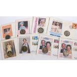 Three Queen Elizabeth II and five Queen Elizabeth the Queen mother coin and stamp covers (8)