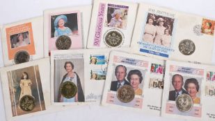 Three Queen Elizabeth II and five Queen Elizabeth the Queen mother coin and stamp covers (8)