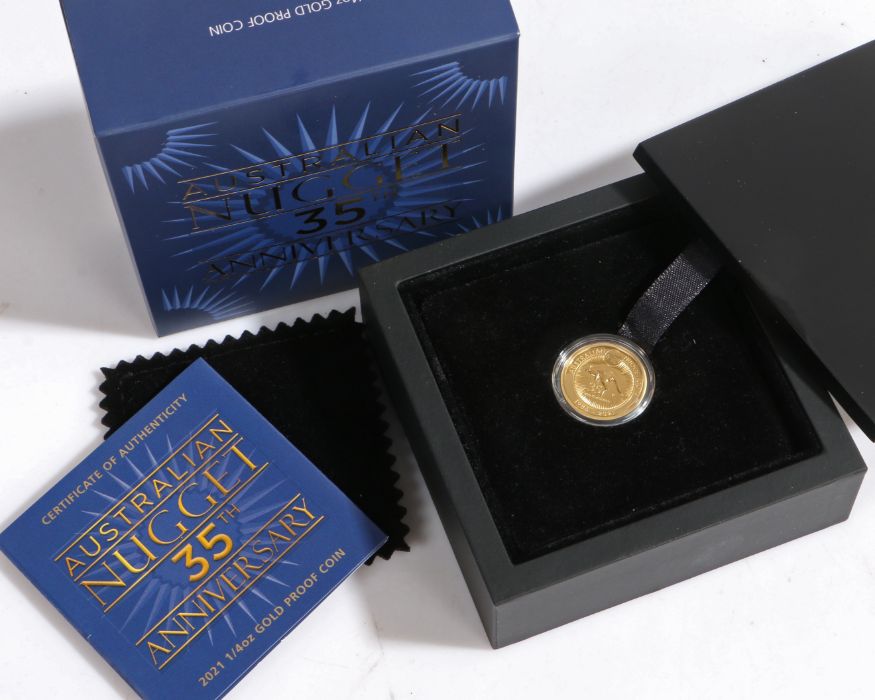 Australian Nugget 35th Anniversary 2021 1/4 oz gold proof coin Gold content (Troy oz) 0.25. Monetary
