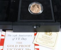 The 75th Anniversary of VE day "V" gold proof 50p coin, limited edition, numbered 22/250, cased with