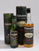 Tomatin Single Highland Malt Scotch Whisky, Aged 10 Years, in tube box; together with Glenfiddich