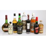 Nine bottles of spirits, to incude Vat 69, Glen Stuart scotch whisky, Janneau grand armagnac, O.P.