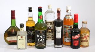 Nine bottles of spirits, to incude Vat 69, Glen Stuart scotch whisky, Janneau grand armagnac, O.P.