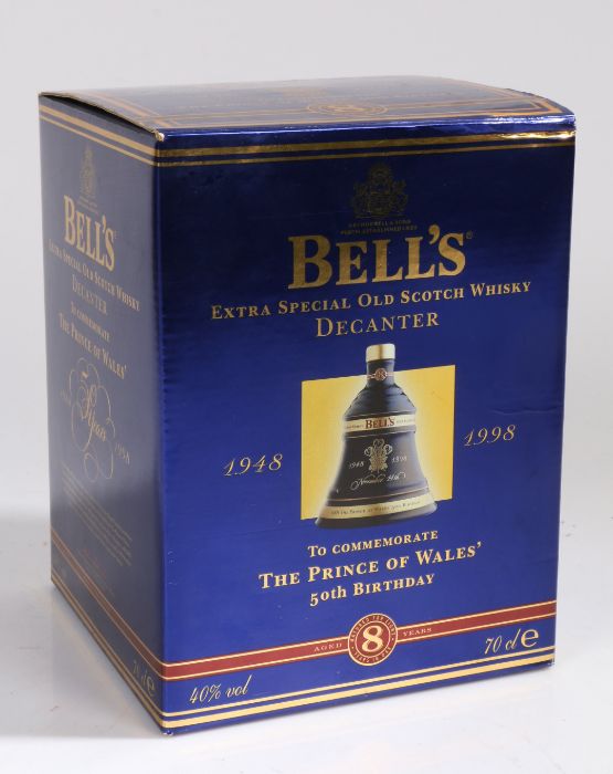 Bells Eight Year Old Scotch Whisky in commemorative decanter: Charles Prince of Wales 50th Birthday,