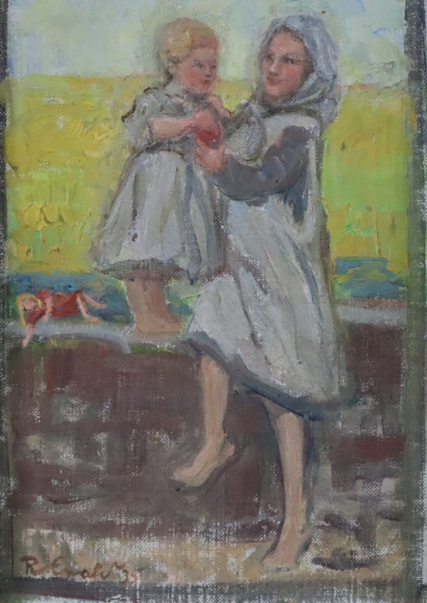 Ewald, Reinhold (1890 - Hanau - 1974) - Junge Bäuerin mit Tochter spielend, Öl/Leinwand auf Holzpla