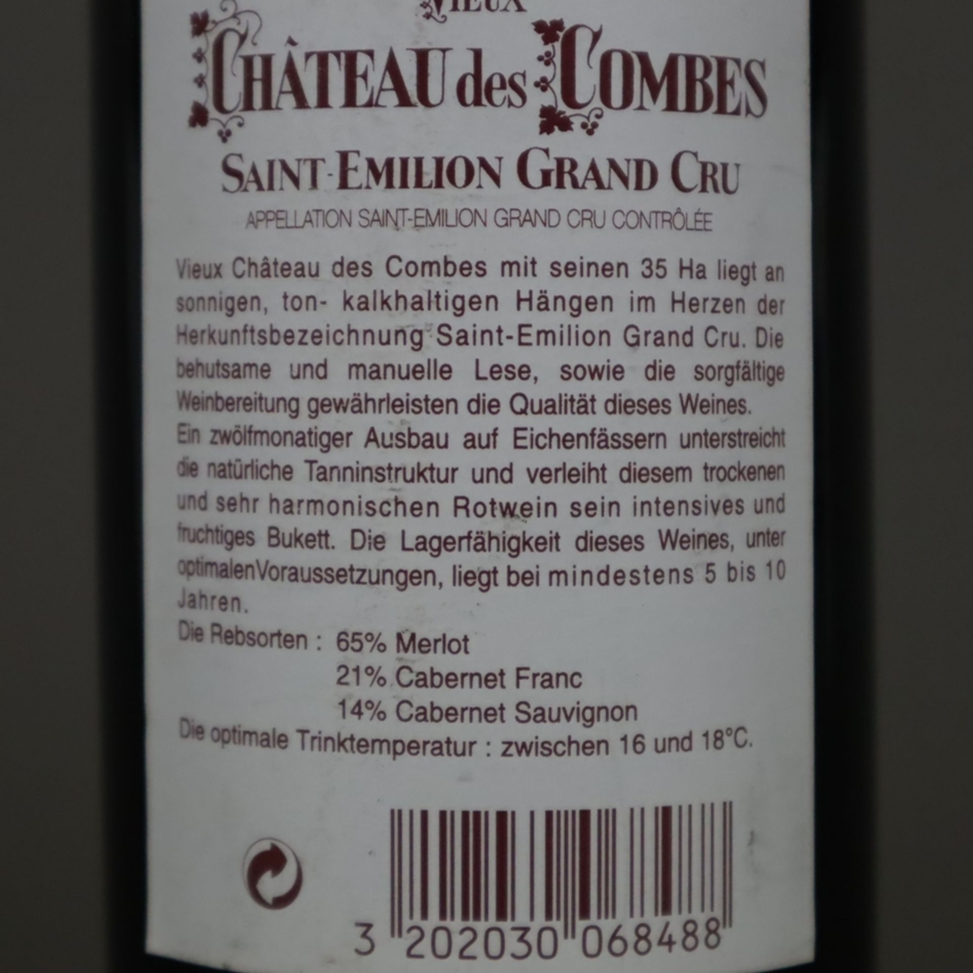 Weinkonvolut - 2 Flaschen, Vieux Château des Combes, Saint-Émilion Grand Cru 2000, jeweils 0,7 Lite - Bild 6 aus 6