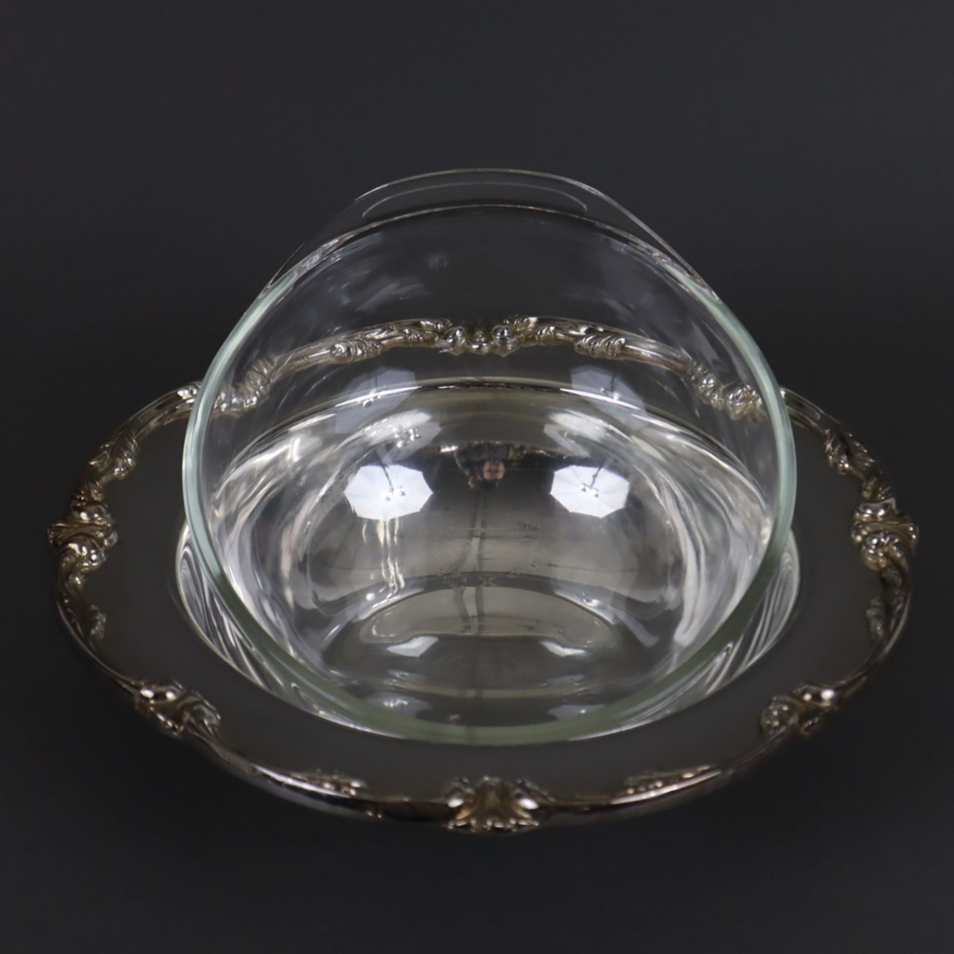 Servierplatte und Servierschale mit Glaseinsatz - 2.Hälfte 20.Jh., versilbert, 1x ovale Platte mit  - Bild 3 aus 6