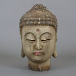 Buddha-Kopf im Ming-Stil - Holz, geschnitzt und farbig gefasst, vollplastisch gearbeitet, Kopf mit