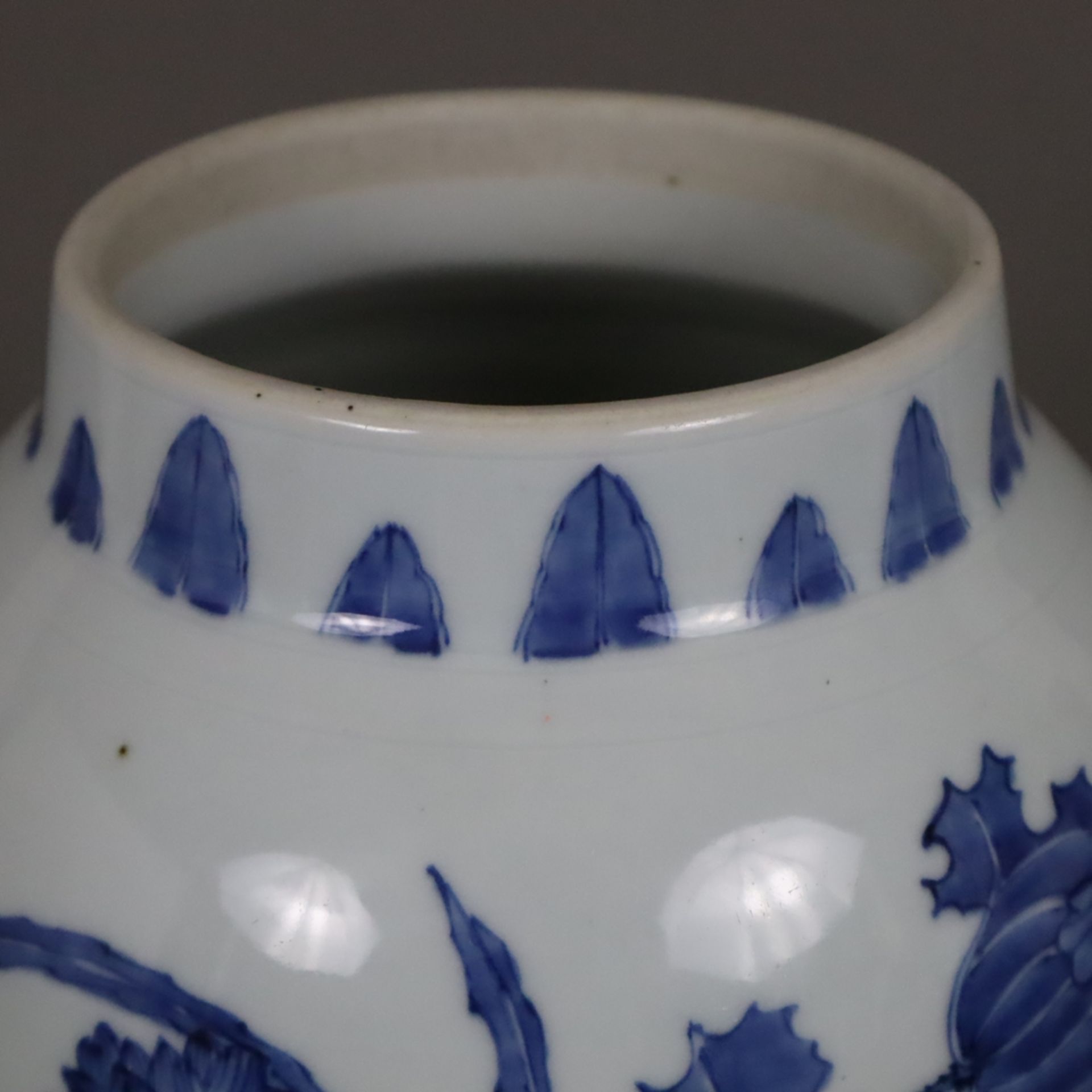 Blau-weiße Vase - China, frühe Qing-Dynastie, Porzellan, umlaufend in Unterglasurblau bemalt mit Bl - Bild 2 aus 10