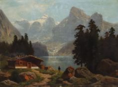 Nocken, Wilhelm Theodor (Düsseldorf 1830 - 1905) - Alpiner Bergsee mit Wanderer und Hütte am Ufer