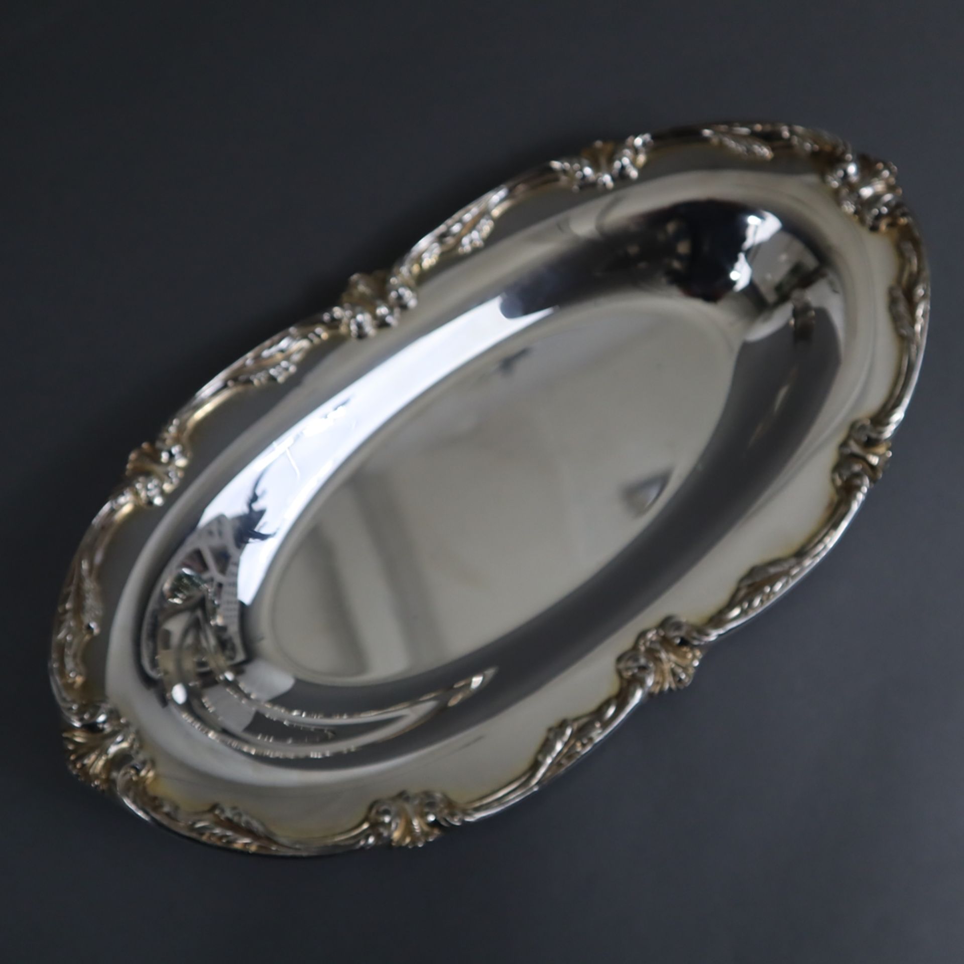Servierplatte und Servierschale mit Glaseinsatz - 2.Hälfte 20.Jh., versilbert, 1x ovale Platte mit  - Bild 5 aus 6