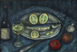 Pogédaieff, Georges de (1894-1971, im Stil von) - Stillleben mit Fisch, Wein und Gemüse, Öl auf Pla