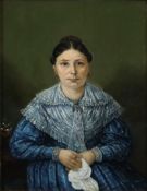 Unbekannte/r Künstler/in (19.Jh.) - Portrait einer Dame in blauem Kleid mit Spitzen-Fichu, Öl auf M