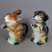 Zwei Scherzkannen "Dackel" und "Hase" - wohl Cortendorf, Keramik, polychrom bemalt, glasiert, Hase 